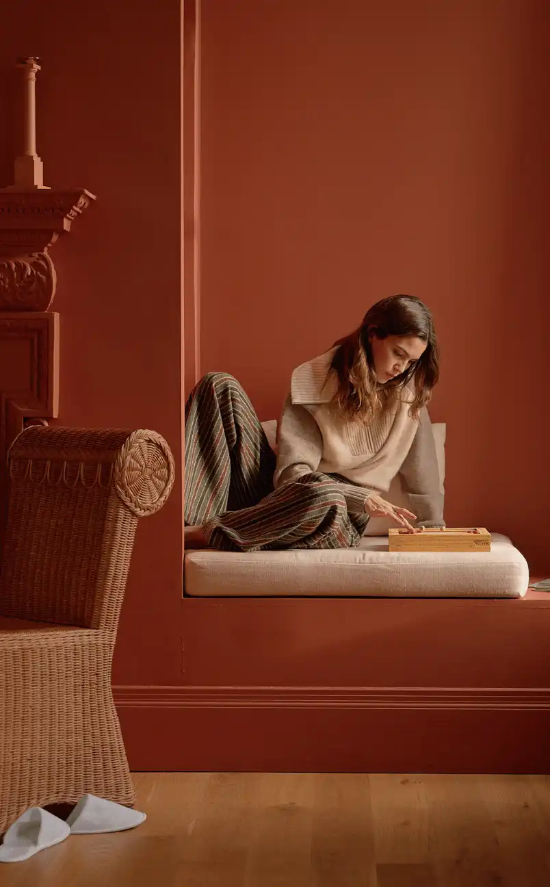 Woman sitting on a cushioned window seat against a terracotta wall, playing a wooden board game.