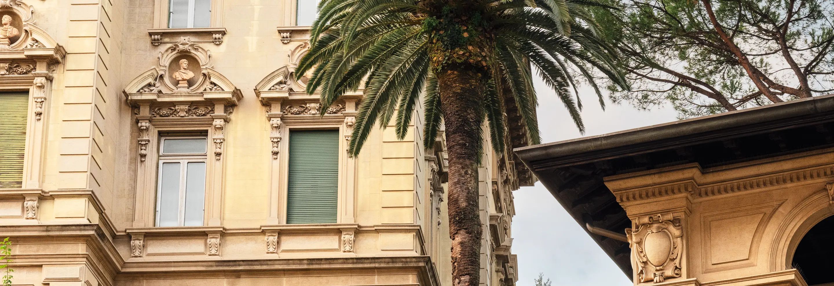 Ornate beige classical building facade with sculpted busts, green window shutters, and a tall palm tree in front.