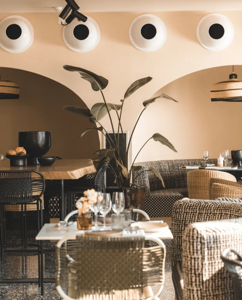 Cozy restaurant interior with modern woven chairs, set tables with glassware, a large potted plant, and ambient lighting.