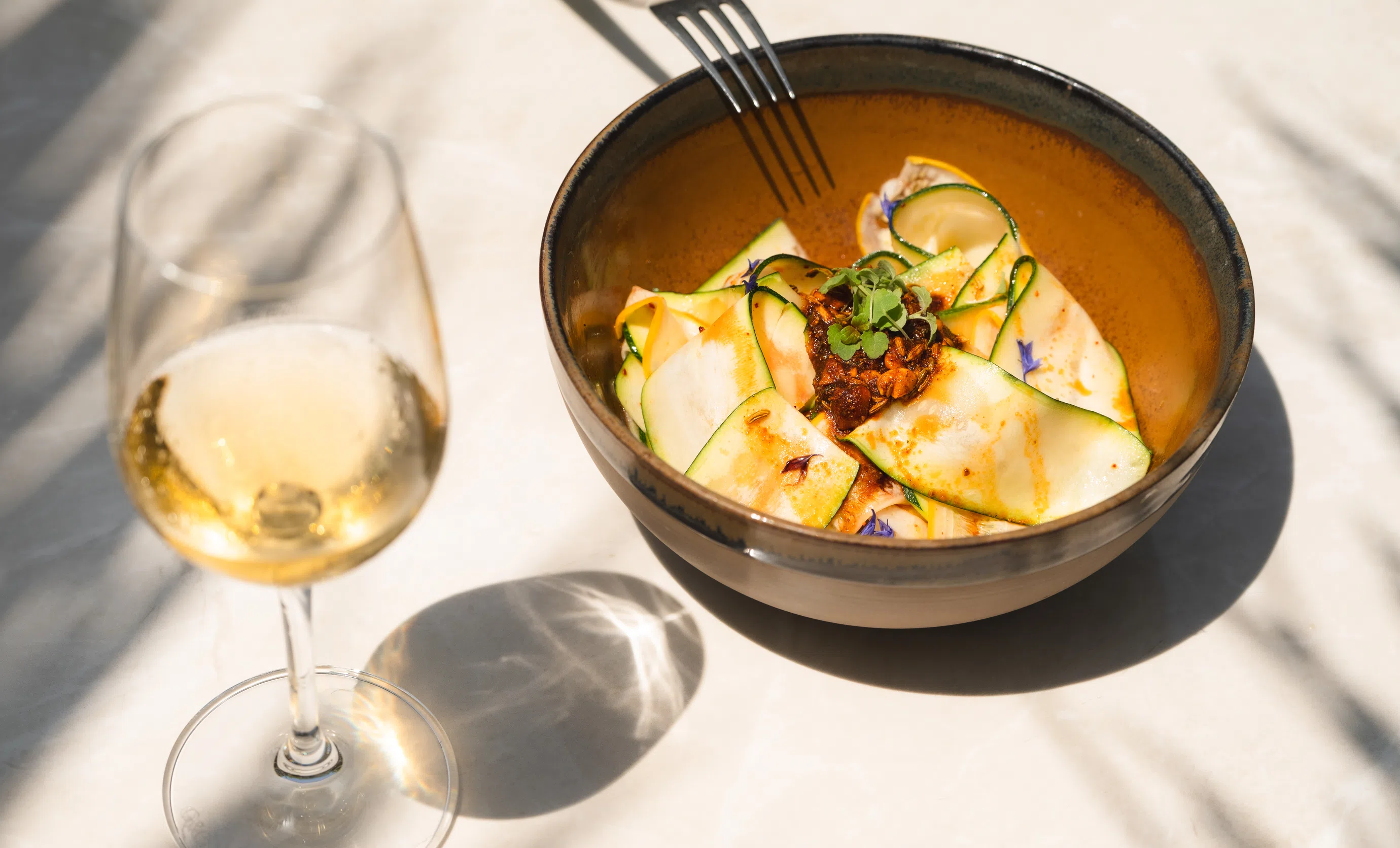 Gourmet dish featuring zucchini ribbons at the Le Garage hotel restaurant in Biarritz.