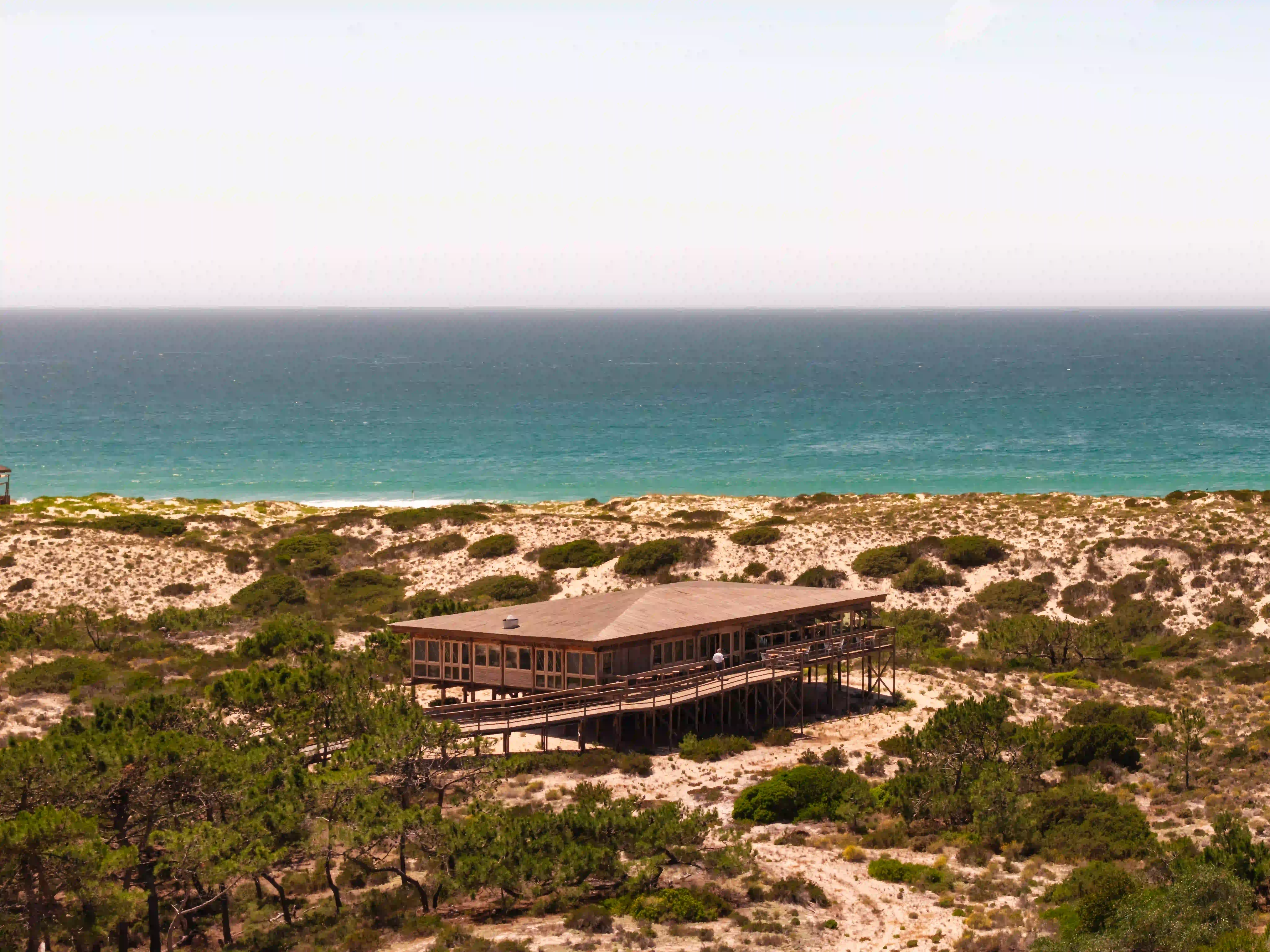 Wooden beach club on stilts surrounded by sand dunes and greenery, with the ocean in the background.