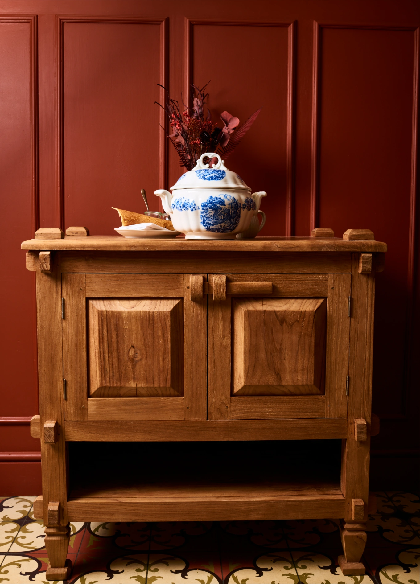 Antique wooden sideboard with teapot at St Bernard restaurant, Verbier, Swiss Alps