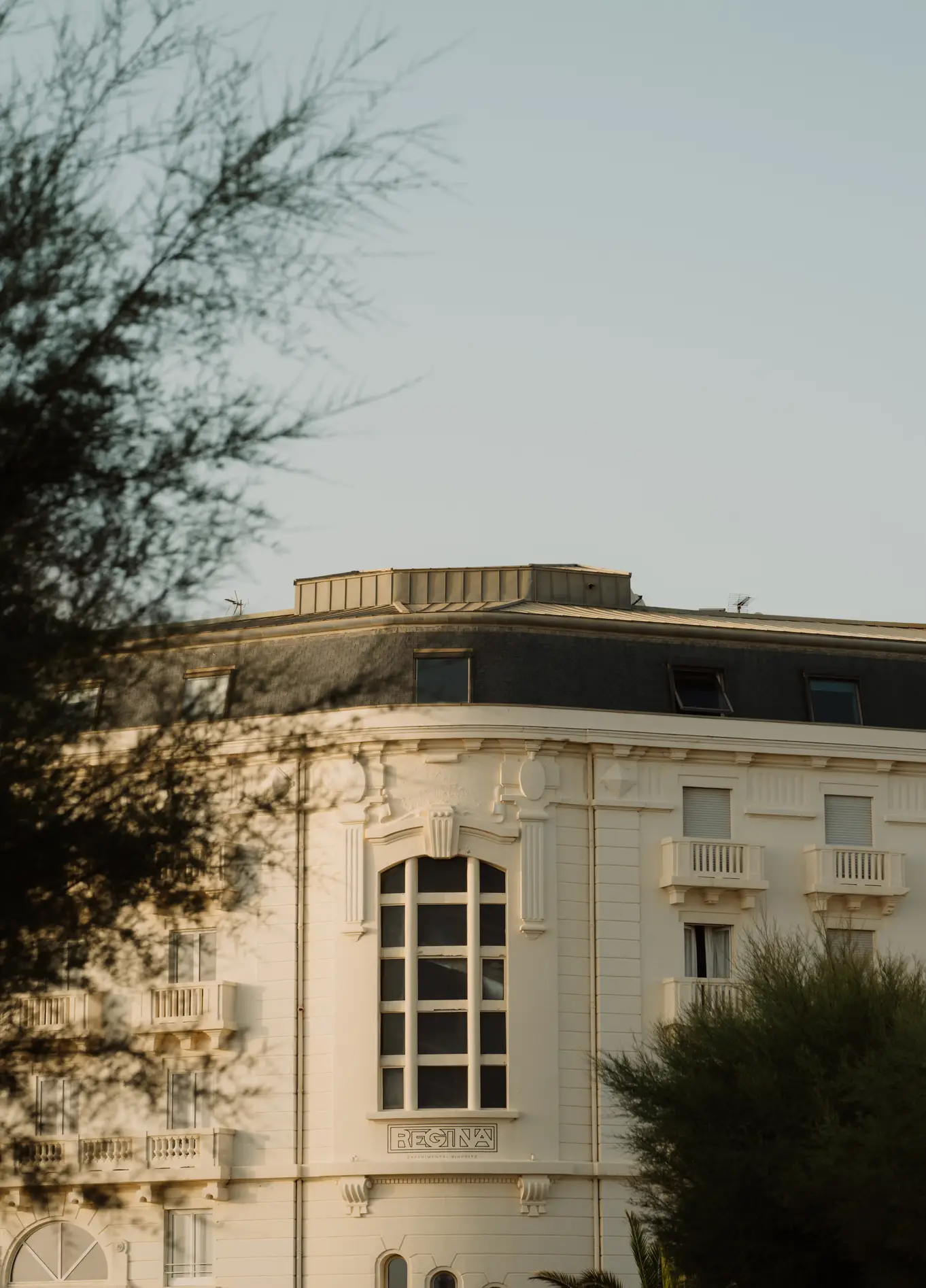 Vue extérieure partielle d'un bâtiment classique aux murs clairs, doté d'une grande fenêtre cintrée, partiellement masquée par un arbre au premier plan.