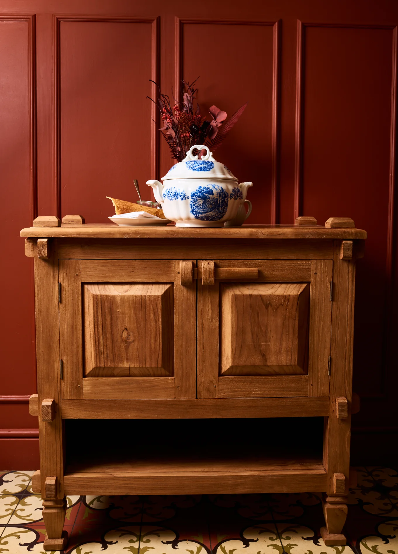 Antique wooden sideboard with teapot at St Bernard restaurant, Verbier, Swiss Alps
