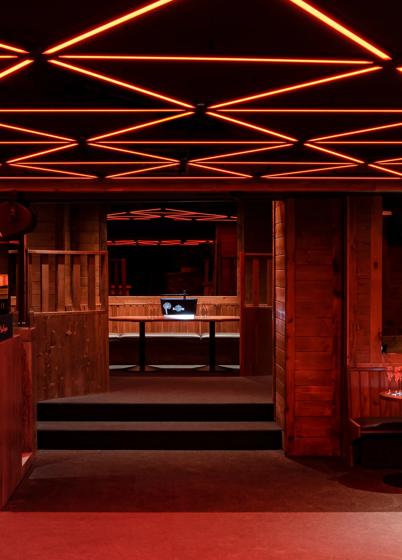 Farm Club night club interior with red ceiling and lights, Verbier, Swiss Alps