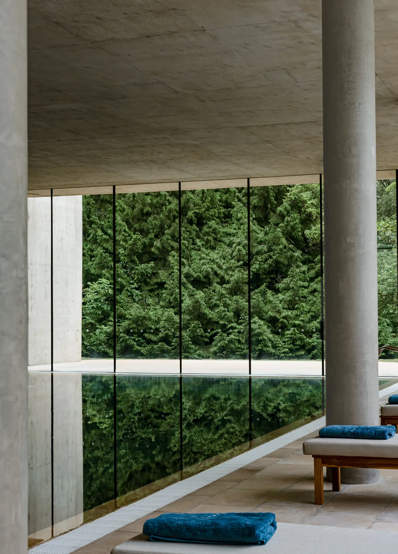 Nature view from the window with blue towel at C-Side Spa, Cowley Manor, Cotswolds
